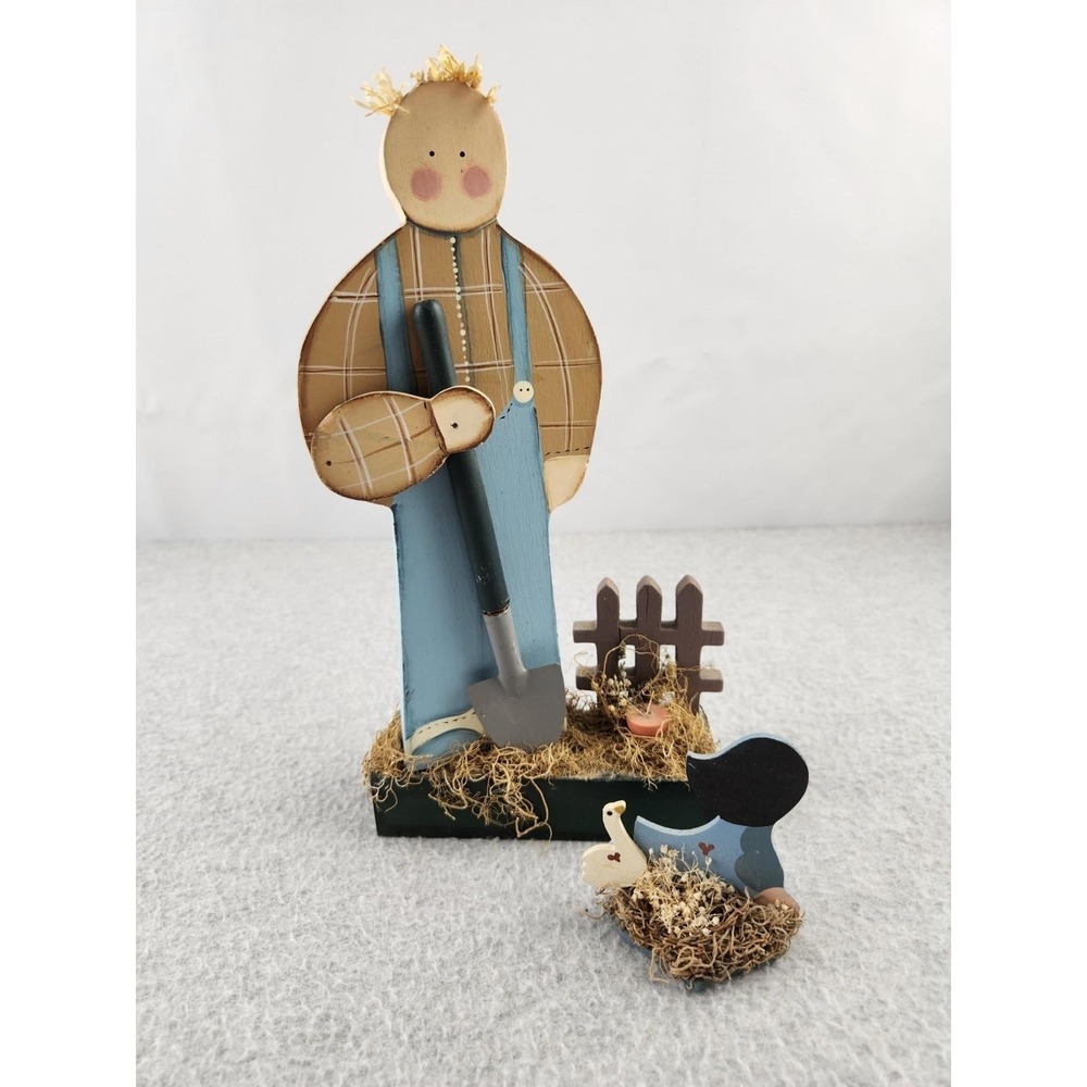 Vintage Folk Art Wooden Farmer Girl Goose Rustic Cottagecore Primitive Home Farm